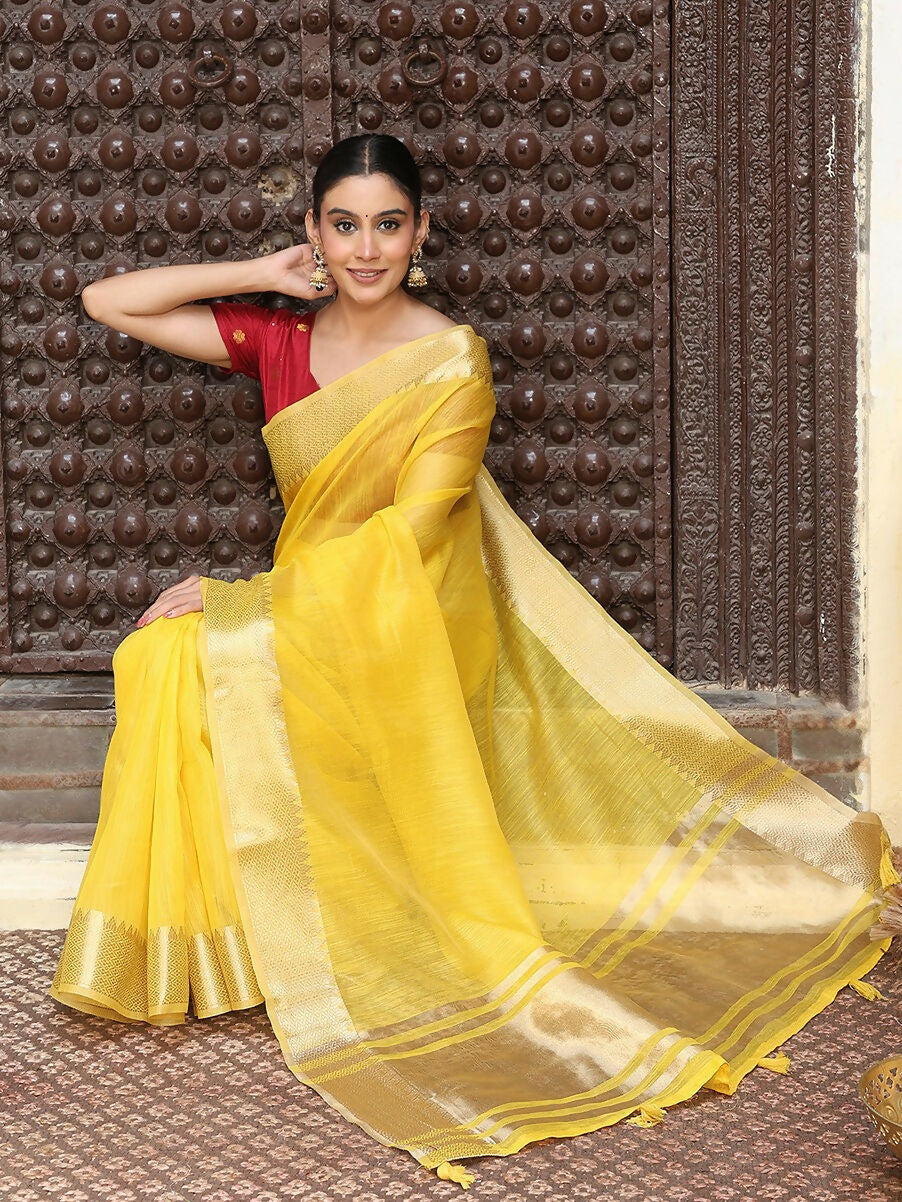 Shree Shyam Fashion Yellow Cotton Saree | Grocsy