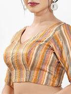 Joban Fashion Peach Multi Brocade Padded Blouse With V Neck Elbow Sleeves | Grocsy
