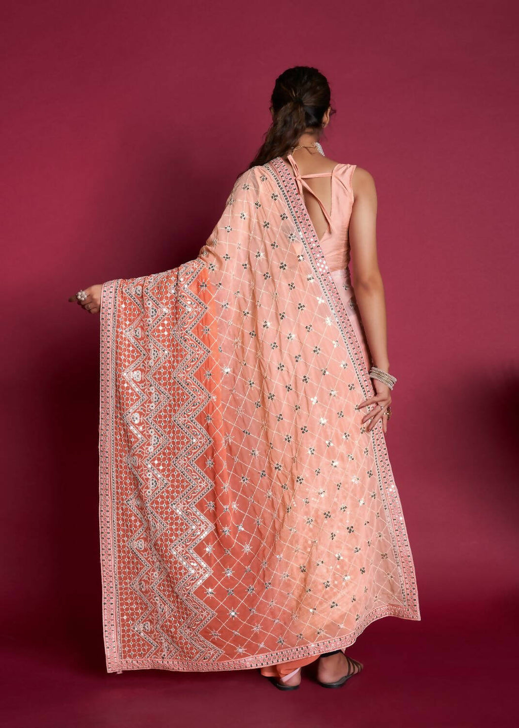 Vamsee Peach & White Georgette Designer Saree | Grocsy