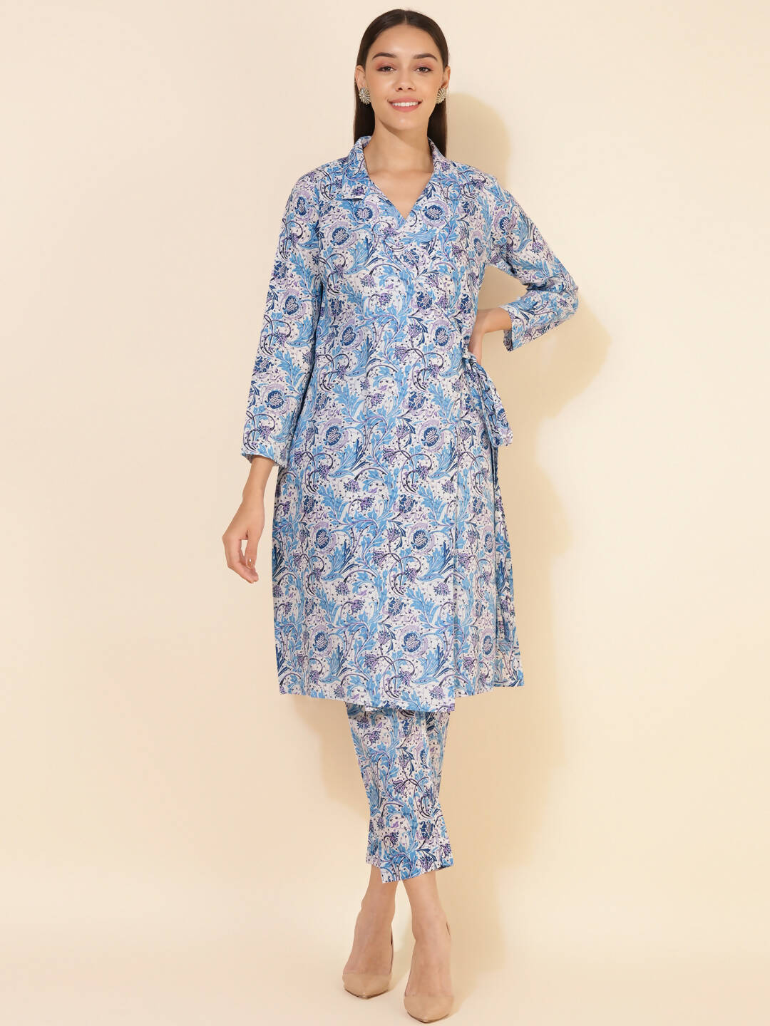 Janasya Women's White Cotton Floral Printed Casual Wrap Style Co-ords | Grocsy