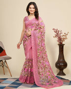 Teeya Creation Womens Latest Stylish Party Wear Soft Net Saree-Pink | Grocsy