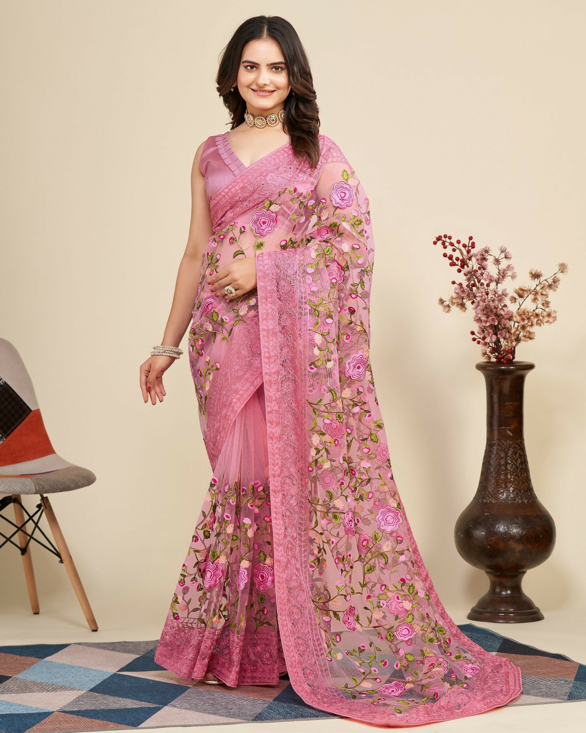 Teeya Creation Womens Latest Stylish Party Wear Soft Net Saree-Pink | Grocsy
