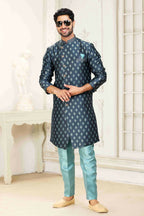 Raivat Ethnic Banarasi Jacquard Embroidery Semi Indo Western Sherwani In Grey Blue Colour | Grocsy
