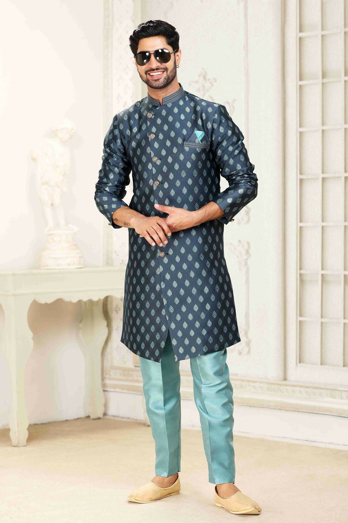 Raivat Ethnic Banarasi Jacquard Embroidery Semi Indo Western Sherwani In Grey Blue Colour | Grocsy