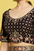 Wine Velvet Semi-Stitched Wedding Bridal Lehenga - Nimaya | Grocsy