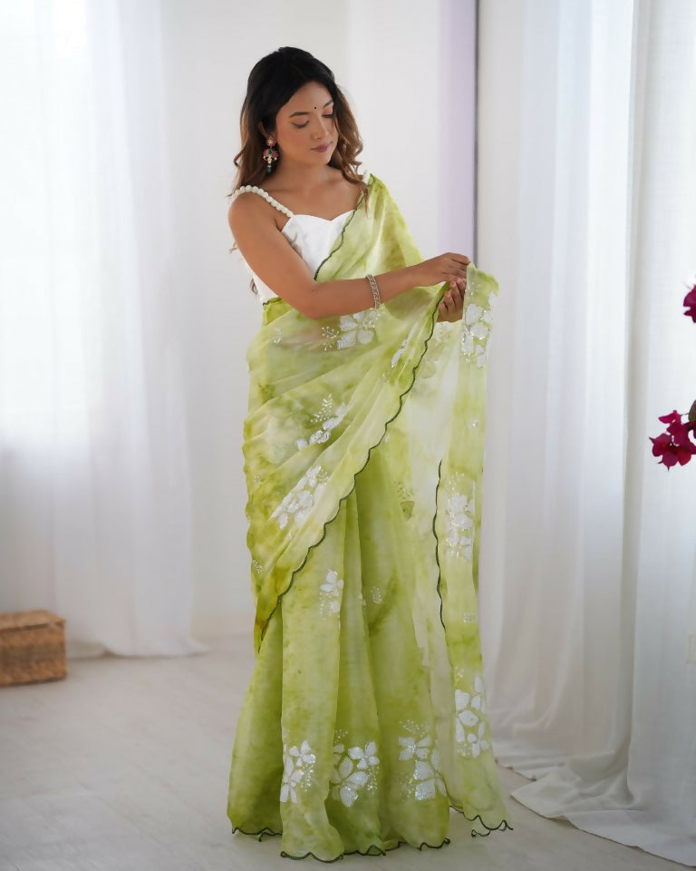 Green Jimmy Choo Printed, Sequence Embroidery Work Saree - Saima | Grocsy