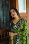 Arfa Fashion House Green Combination Pure Chanderi Cotton Batik Printed Saree | Grocsy