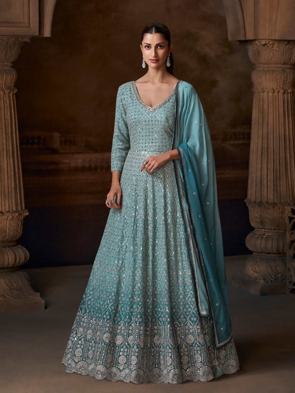 Anaita Blue Real Georgette Stitched Anarkali Suit with Embroidery & Sequence Work | Grocsy