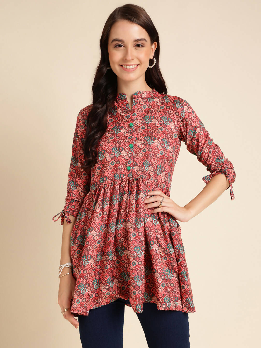 Red Poly Rayon Digital Printed A-line Top - Tarini | Grocsy