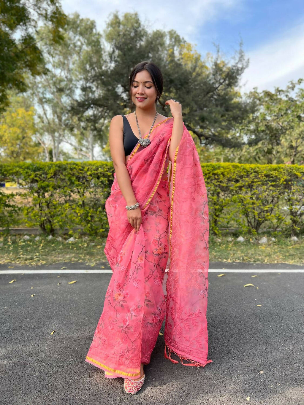 Vamsee Pink Organza Saree | Grocsy