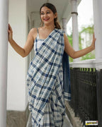 Exclusive Collection Beautiful Check Blue Pure Cotton Woven Handloom Saree With Running Blouse Piece | Grocsy