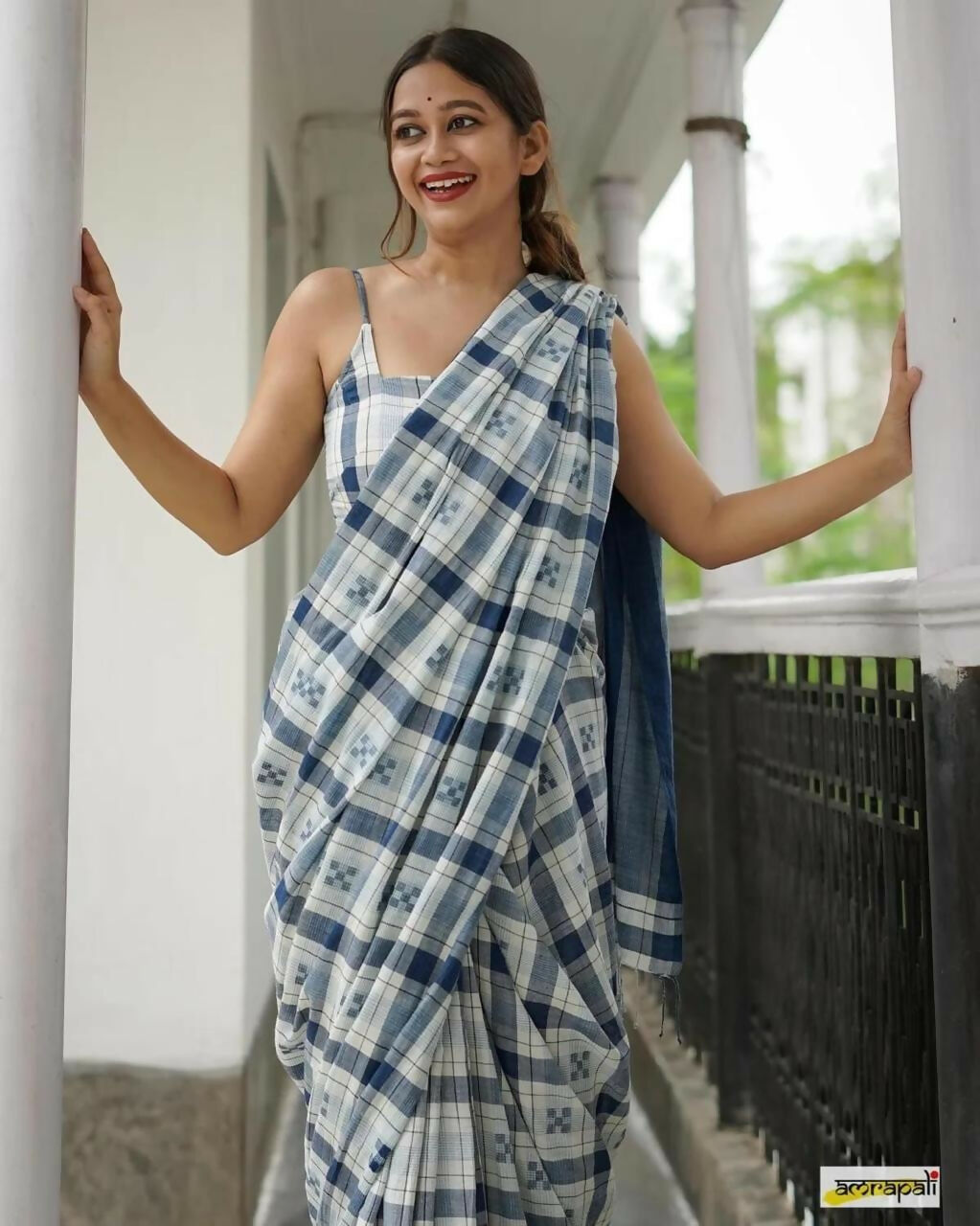 Exclusive Collection Beautiful Check Blue Pure Cotton Woven Handloom Saree With Running Blouse Piece | Grocsy