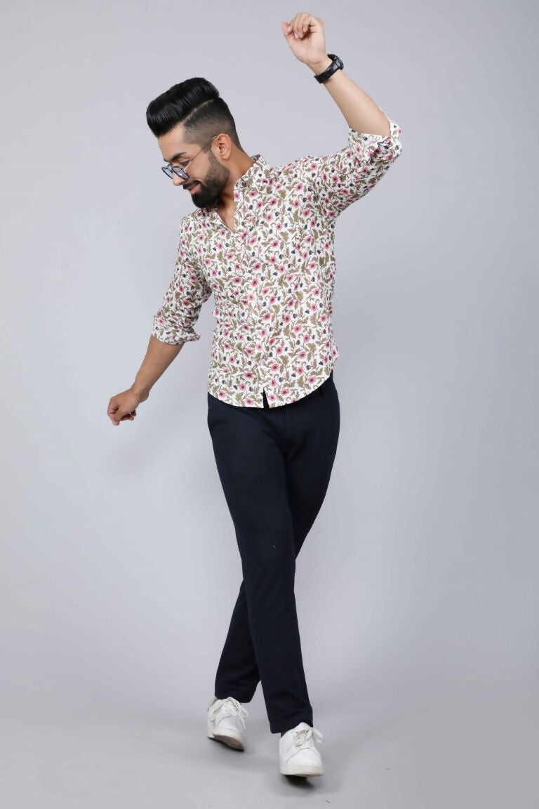 Miravan Men's Cotton Printed Full Sleeve Slim Fit Spread Neck White & Pink Colour Shirt | Grocsy