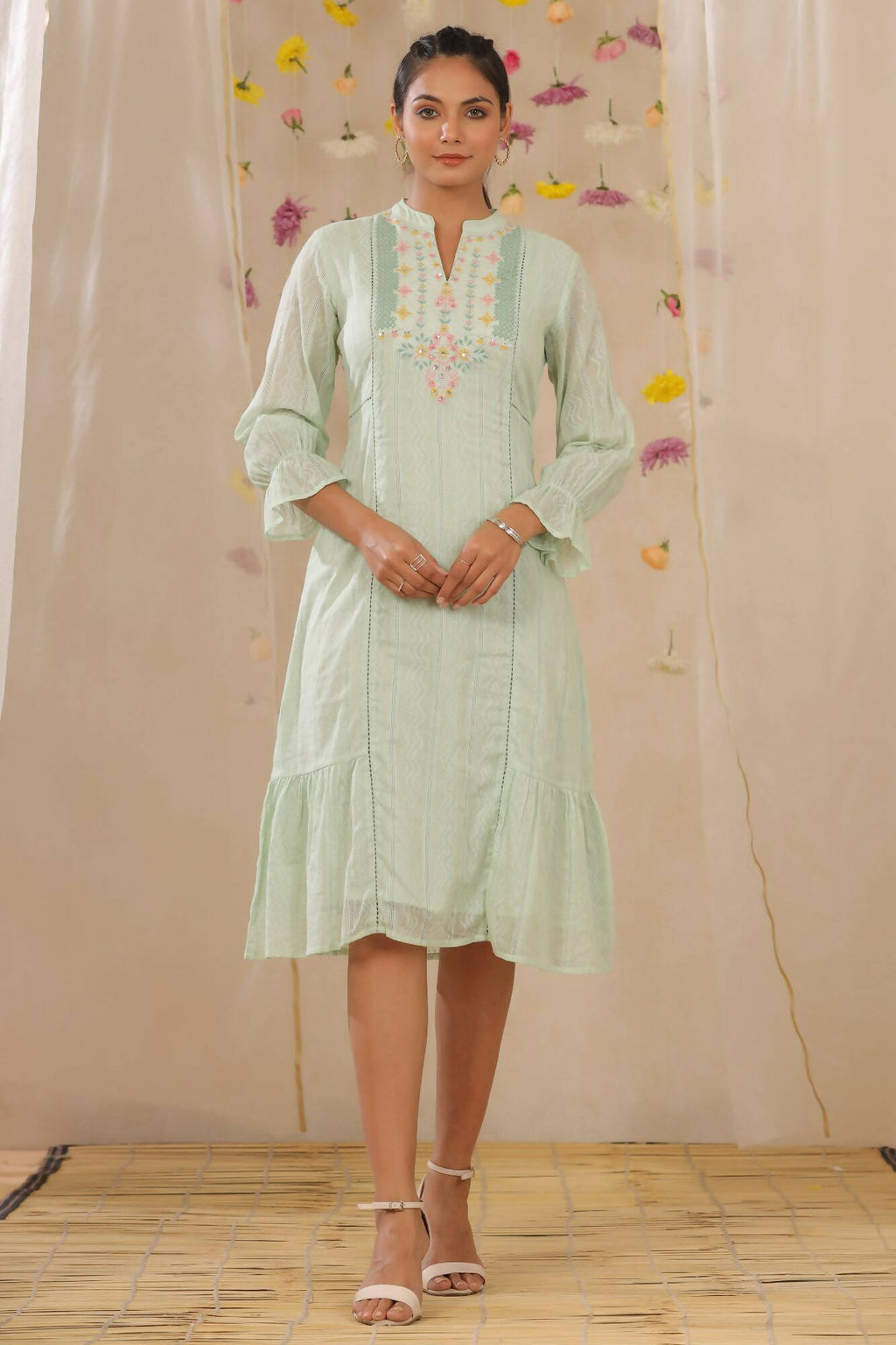 Juniper Women Sagegreen Cotton Dobby Woven Design A-Line Dress | Grocsy
