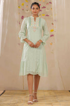 Juniper Women Sagegreen Cotton Dobby Woven Design A-Line Dress | Grocsy