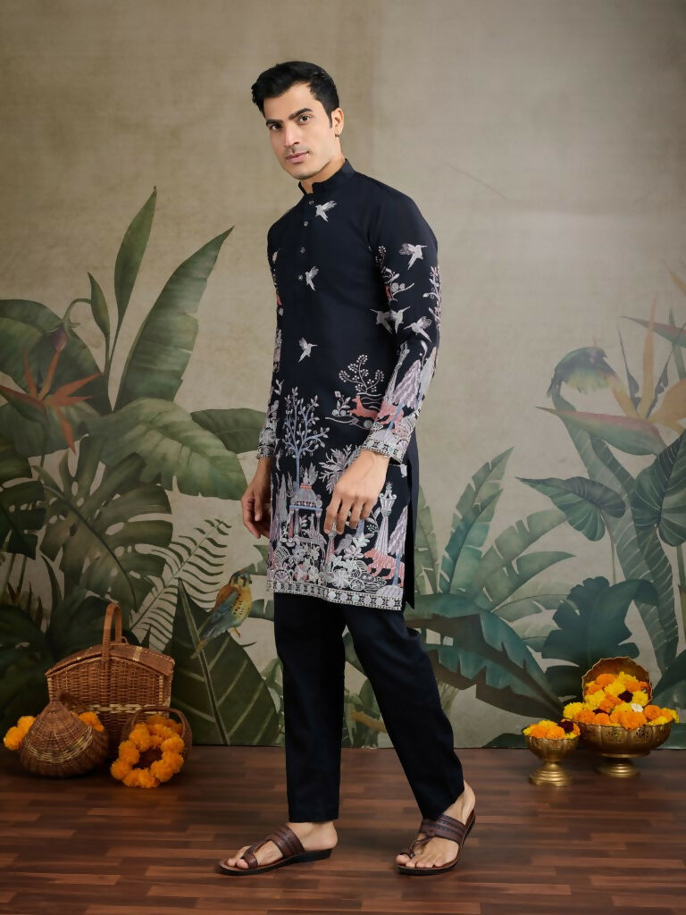 Vastranavya Black Exclusive Festival Wear Viscose Silk Thread & Sequence Embroidered Work Kurta | Grocsy