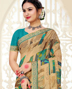 Beige Chiffon Brasso Printed Saree With Unstitched Blouse Piece - Jyoti | Grocsy