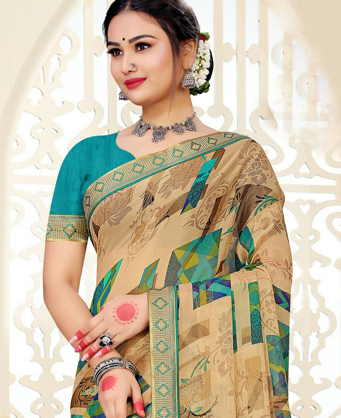 Beige Chiffon Brasso Printed Saree With Unstitched Blouse Piece - Jyoti | Grocsy