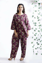 Breathables Wine Butta Cotton Co-Ord Set – Kurta With Straight Pants | Grocsy