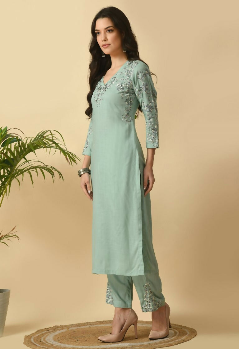 Joban Fashion Sea Green Cotton Rayon Kurta Set | Grocsy