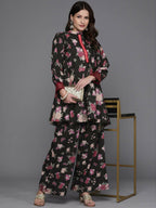 Ahalyaa Women Floral Printed Tunic with Palazzos - Black Color | Grocsy