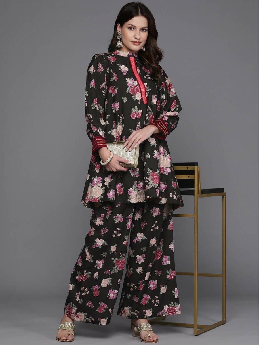 Ahalyaa Women Floral Printed Tunic with Palazzos - Black Color | Grocsy