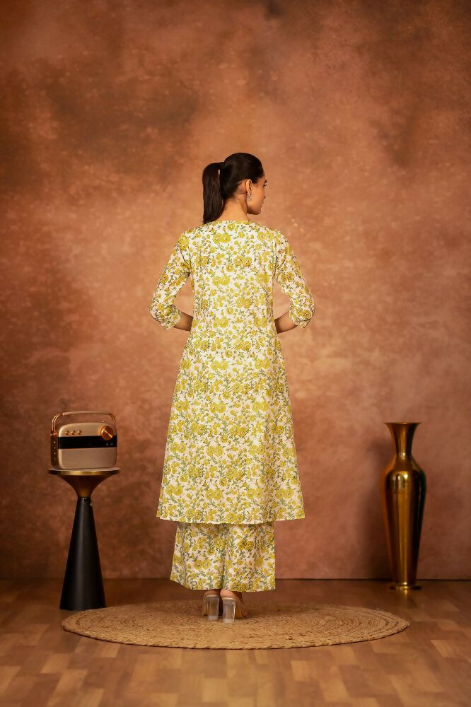 Joban Fashion Yellow Hand Block Printed Cotton Suit Set | Grocsy