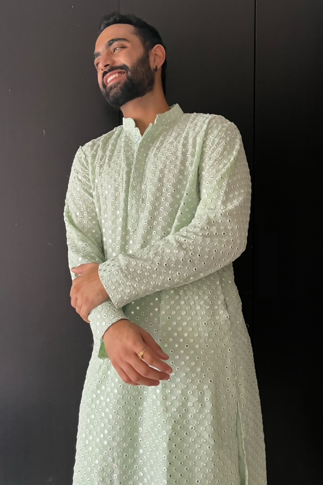 Pista Green Mirror Work Designer Kurta by Hilo Design | Grocsy
