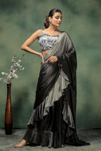 Grey Satin Solid Designer, Printed Party Wear Ready To Wear Saree - Nasreen | Grocsy