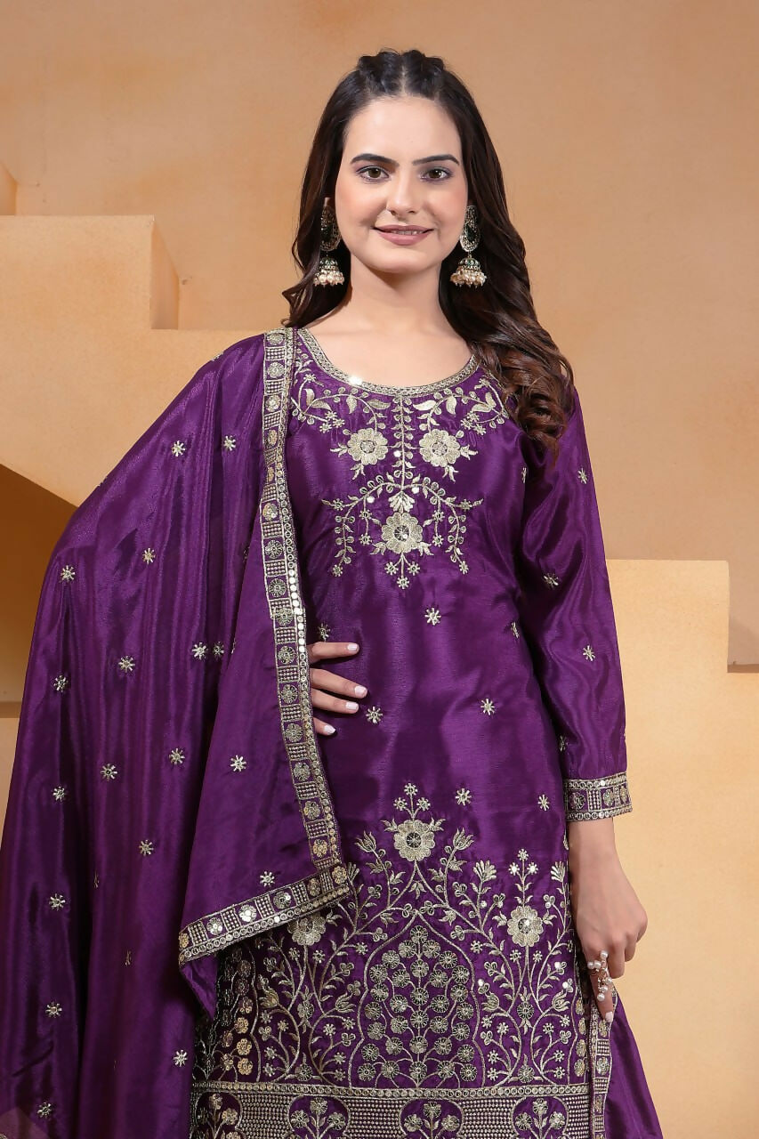 Joban Fashion Purple Silk Embroidered Sharara Set | Grocsy