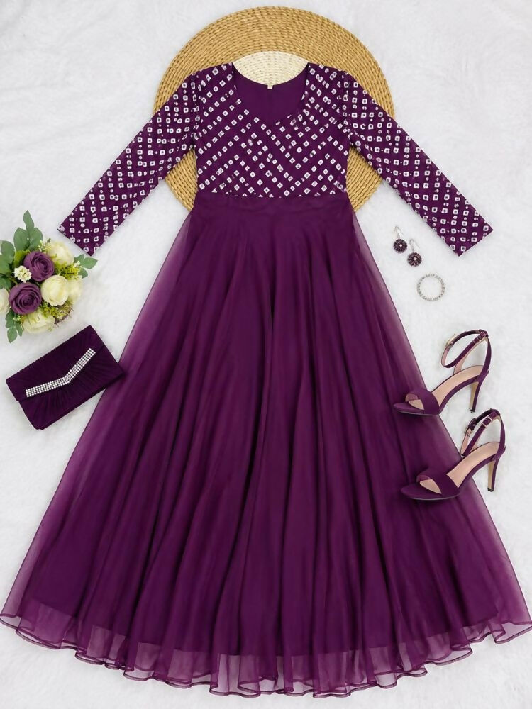 Teeya Creation Women's Wine Bandhani Print Anarkali Gown | Grocsy