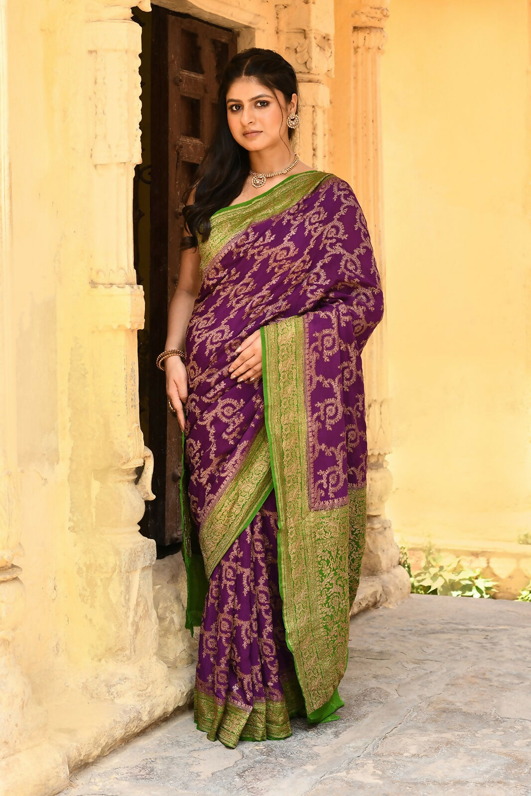 Joban Fashion Purple Crepe Chiffon Pure Handloom Banarasi Silk Saree | Grocsy