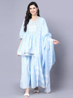 Myshka Cotton Printed 3/4 Sleeve V Neck Turquoise Blue Women Sharara Set | Grocsy