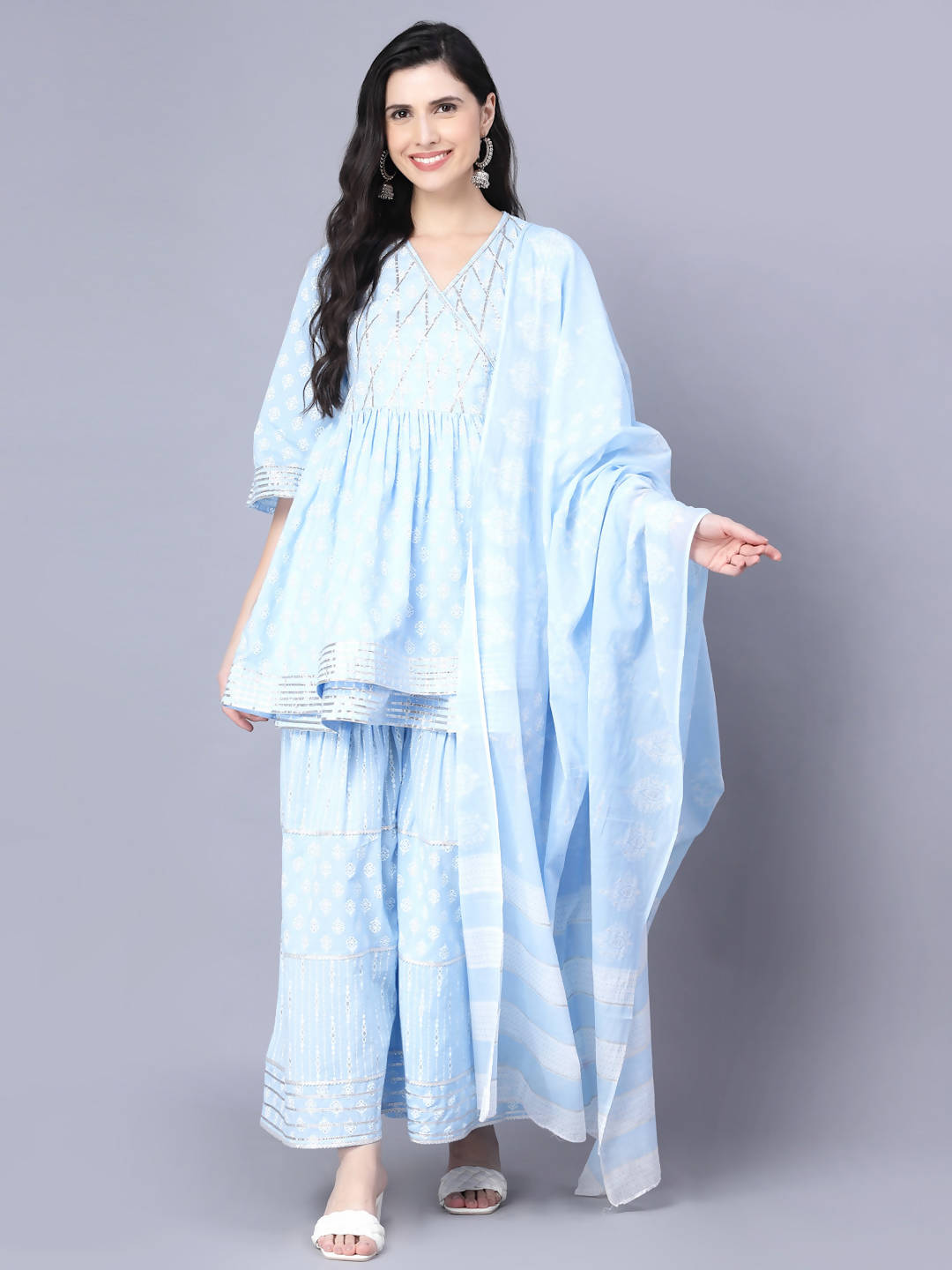 Myshka Cotton Printed 3/4 Sleeve V Neck Turquoise Blue Women Sharara Set | Grocsy