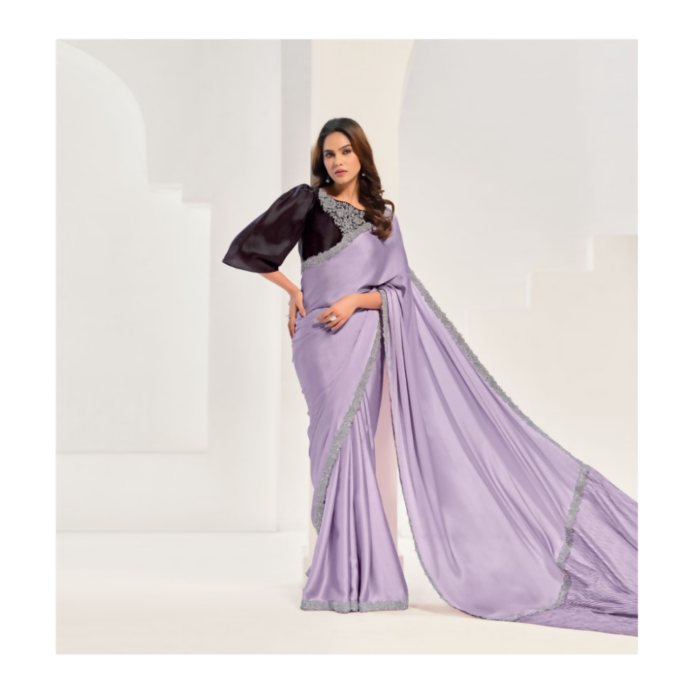 Lavendar Crepe Satin Silk Jardosi Saree with Unstitched Blouse Piece - Norita Saanjh | Grocsy