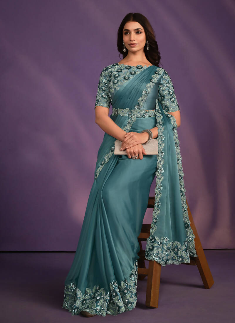 Rama Crepe Satin Silk Embroidered Saree With Stitched Blouse - Mohmanthan Exotica | Grocsy