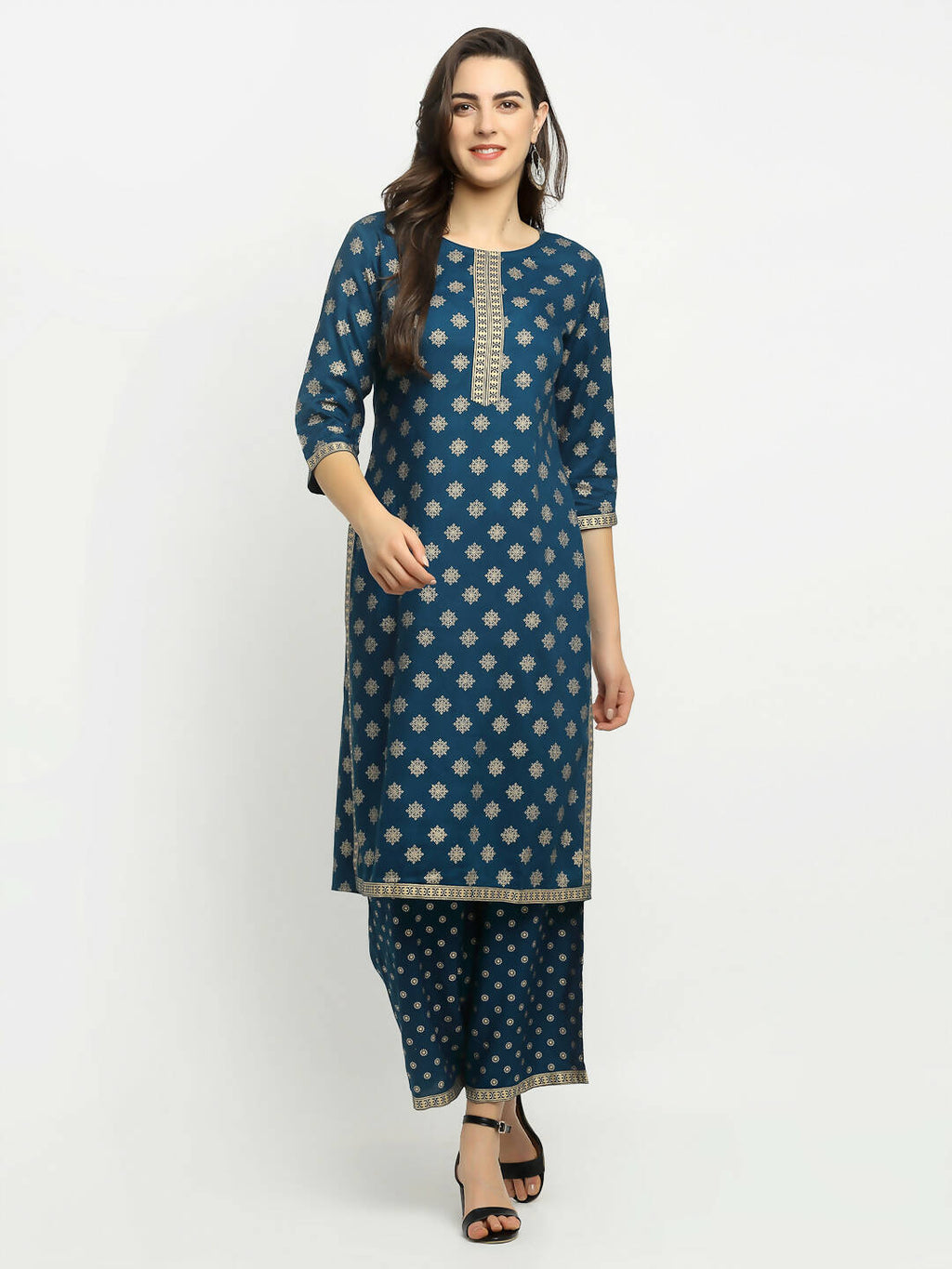 Rudra Bazaar Stright Gold Printed Kurti With Palazzo | Grocsy