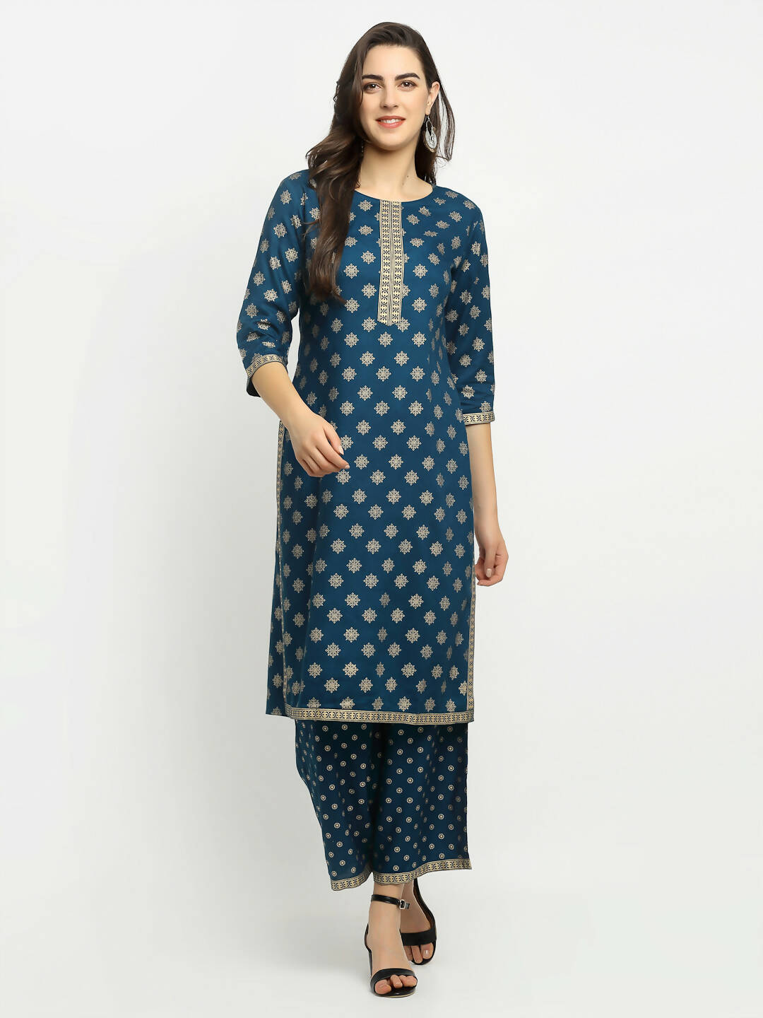 Rudra Bazaar Stright Gold Printed Kurti With Palazzo | Grocsy