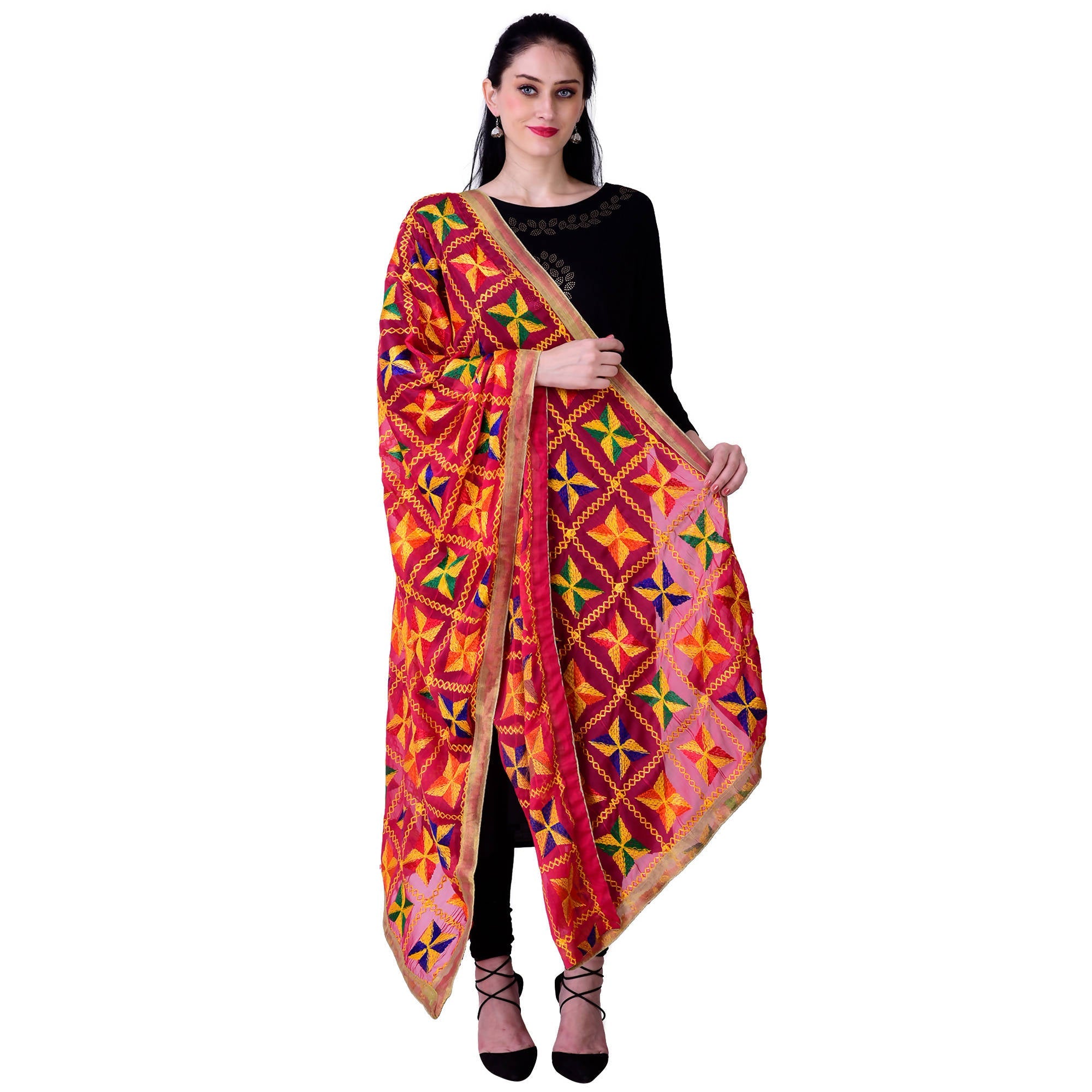 SWI Stylish Women's Embroidered Phulkari Chiffon Magenta Dupatta | Grocsy