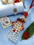 NVR Women & Men Set of 2 White Pearl Bhaiya Bhabhi Rakhi With Roli Chawal | Grocsy