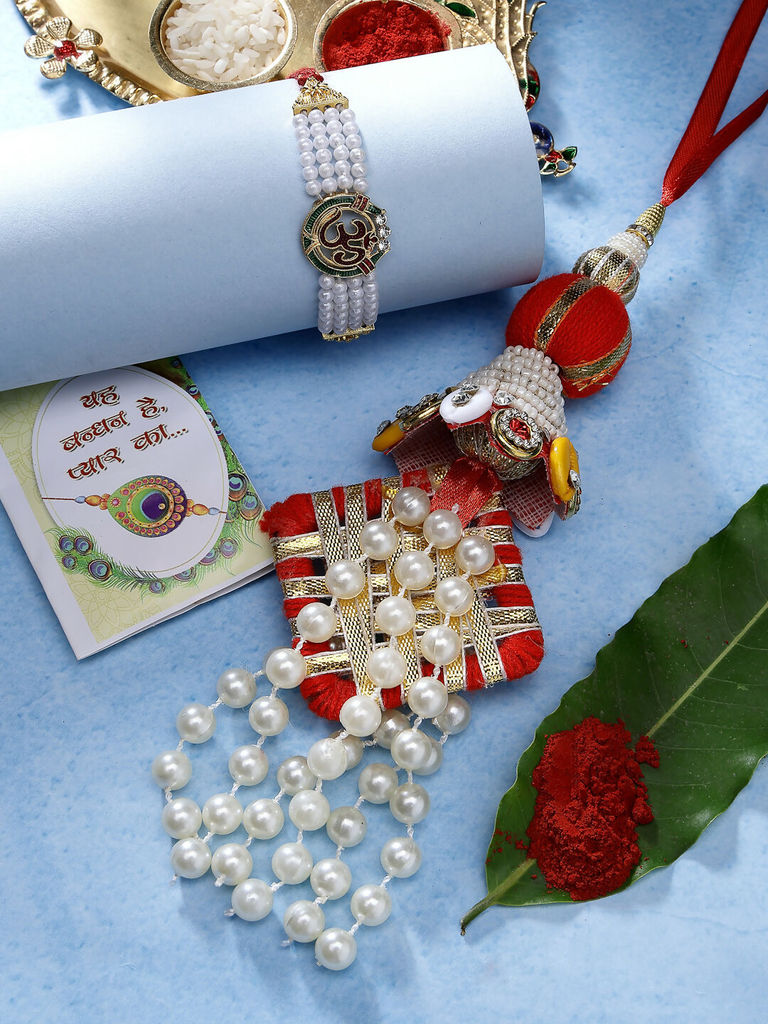 NVR Women & Men Set of 2 White Pearl Bhaiya Bhabhi Rakhi With Roli Chawal | Grocsy