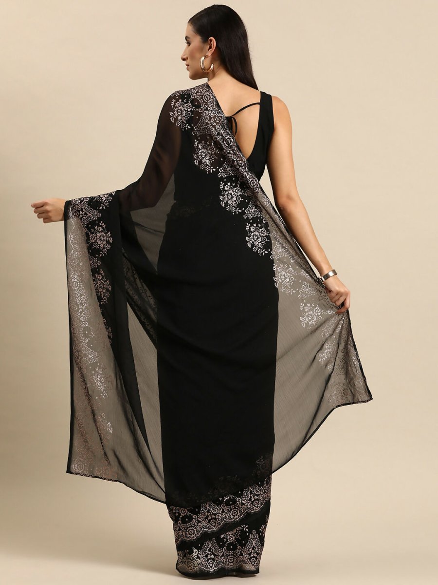 Ahalyaa Women's Traditional Semi Stitch Saree - Black | Grocsy