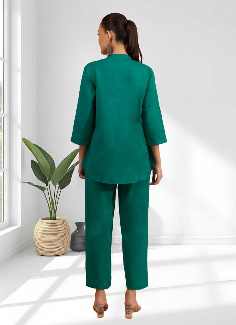 Joban Fashion Green Cotton, Linen Embroidered Readymade Cord Set | Grocsy