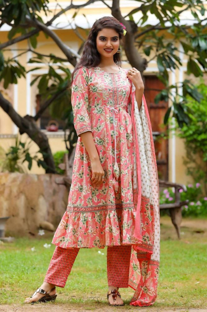 Yufta Pink Printed Tiered Kurta with Trouser and Dupatta | Grocsy