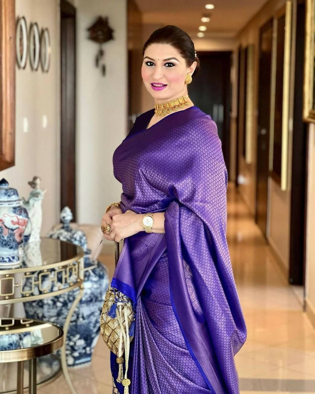 DEIANA'S Beautiful Designer Golden zari Soft Lichi Silk Saree - Blue | Grocsy