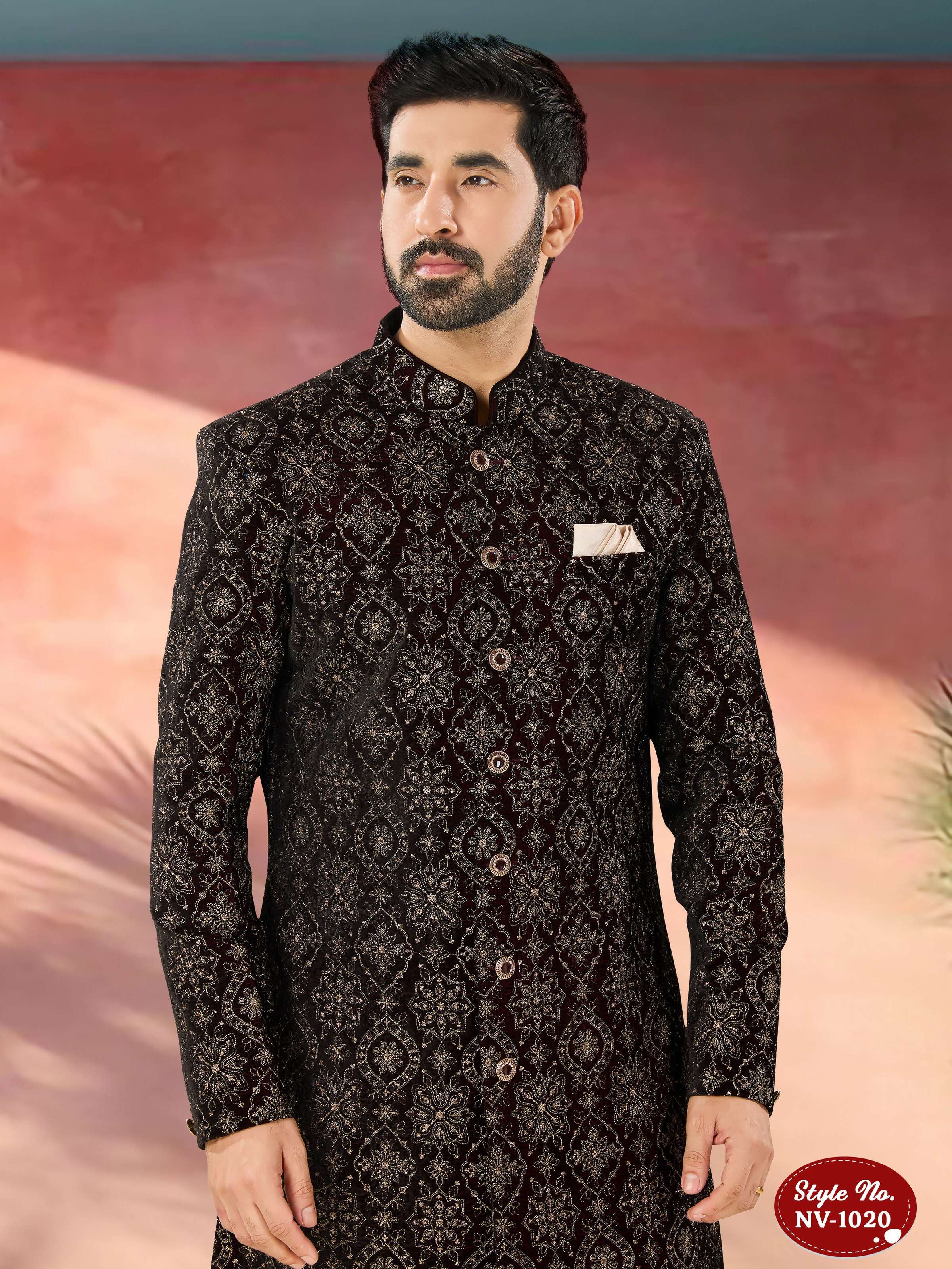 Joban Fashion Men's Marron Base Straight Velvet Thread And Sequence Embroidary All Over Indo-Western Kurta Set | Grocsy