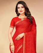 Red Chiffon Leheriya Printed Saree With Unstitched Blouse Piece - Swarna | Grocsy
