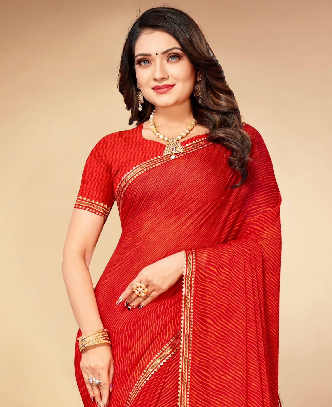 Red Chiffon Leheriya Printed Saree With Unstitched Blouse Piece - Swarna | Grocsy