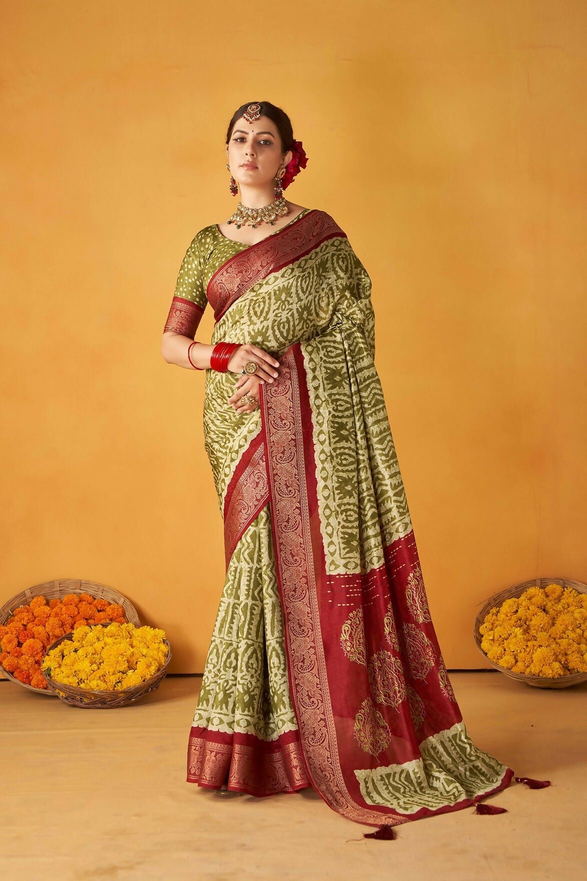 Joban Fashion Kashmiri Silk Zari Border Green Work Saree | Grocsy