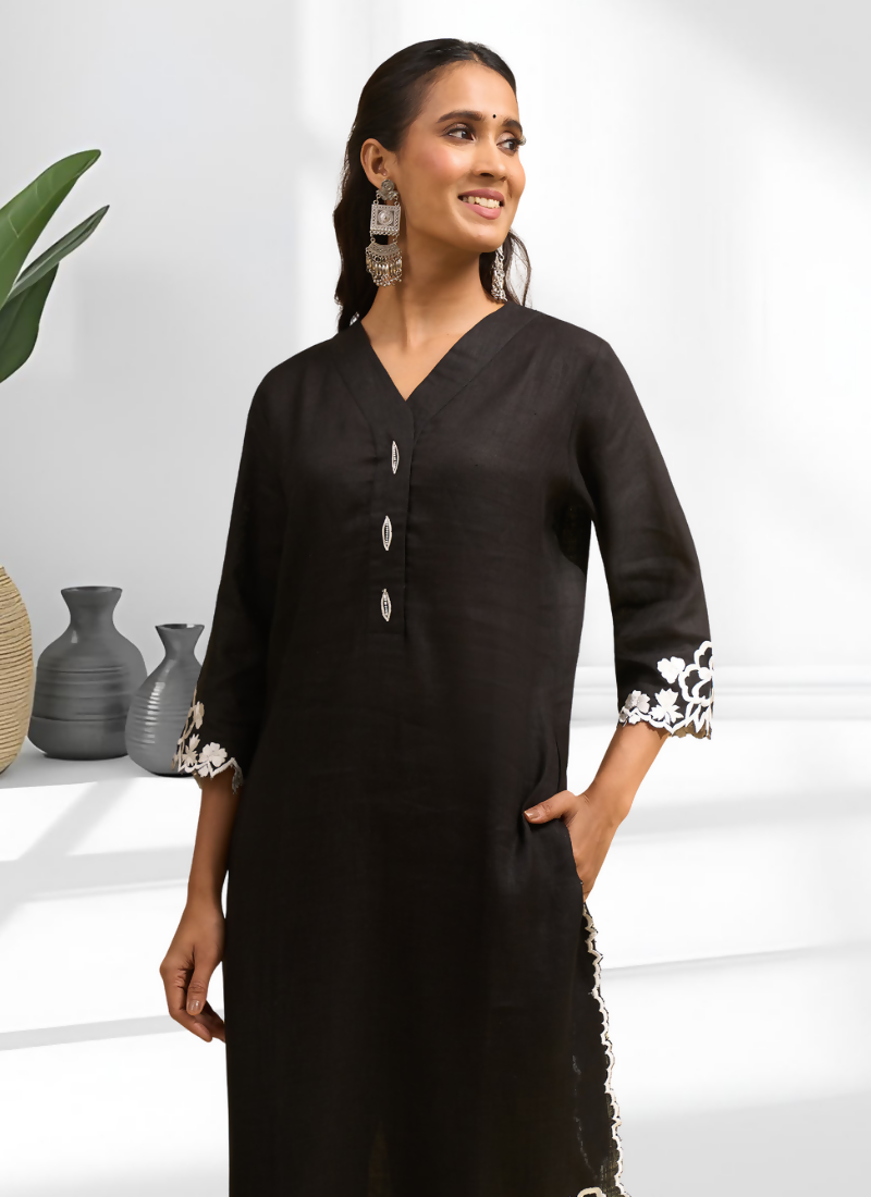 Joban Fashion Black Linen Embroidered Readymade Long Kurta With Pant | Grocsy